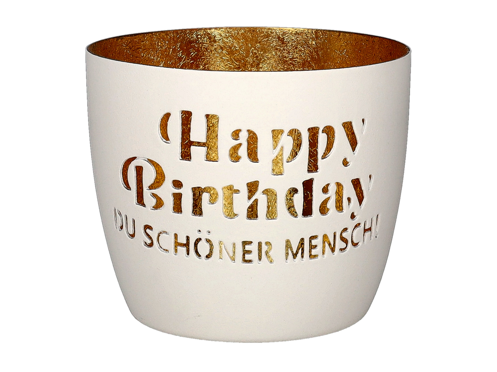 Giftcompany Madras Windlicht M Happy Birthday Du schöner Mensch weiß/gold 8,5cm - Produktbild 1