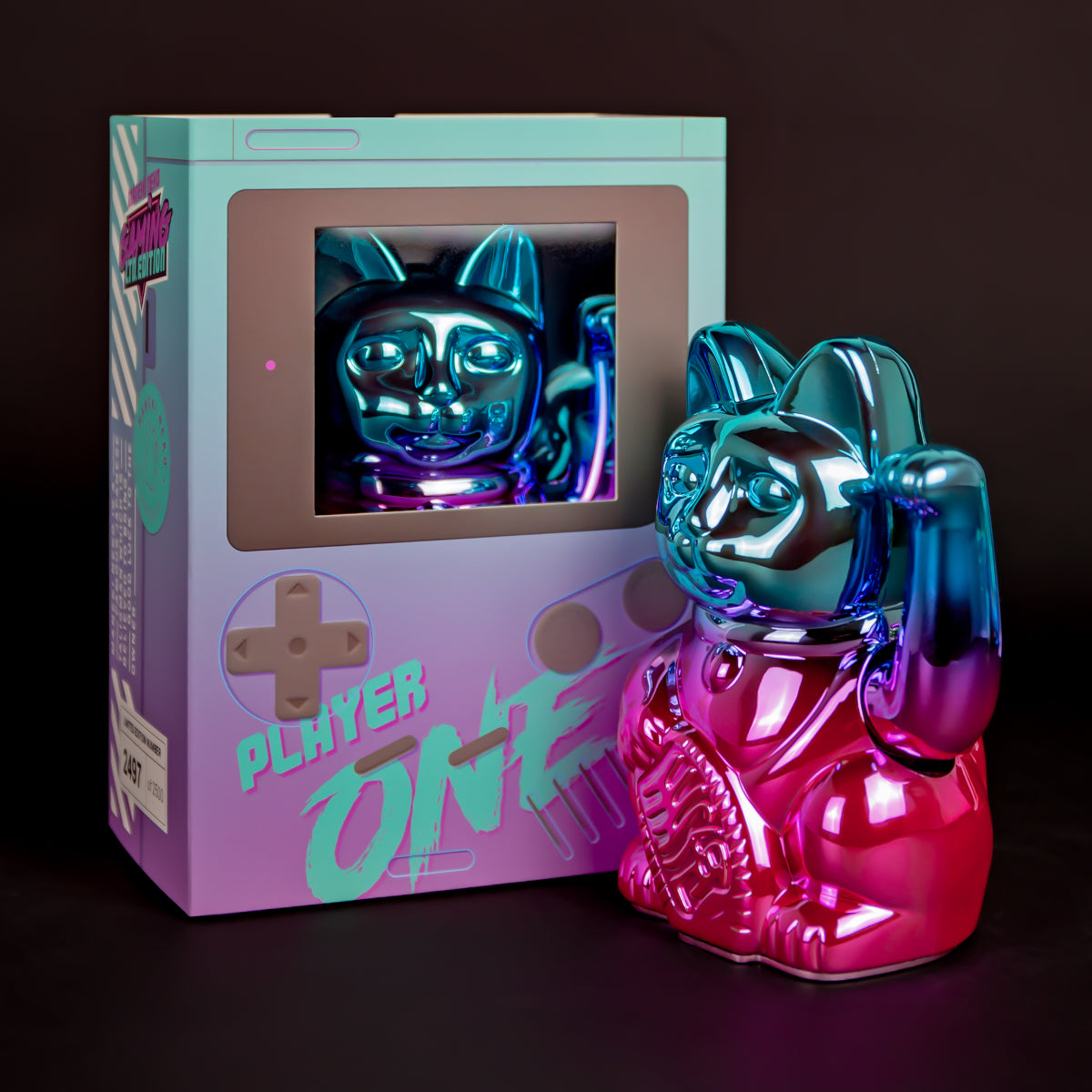Donkey Products Lucky Cat Player One Winkekatze shiny blue/pink 15cm Lifestyle 1
