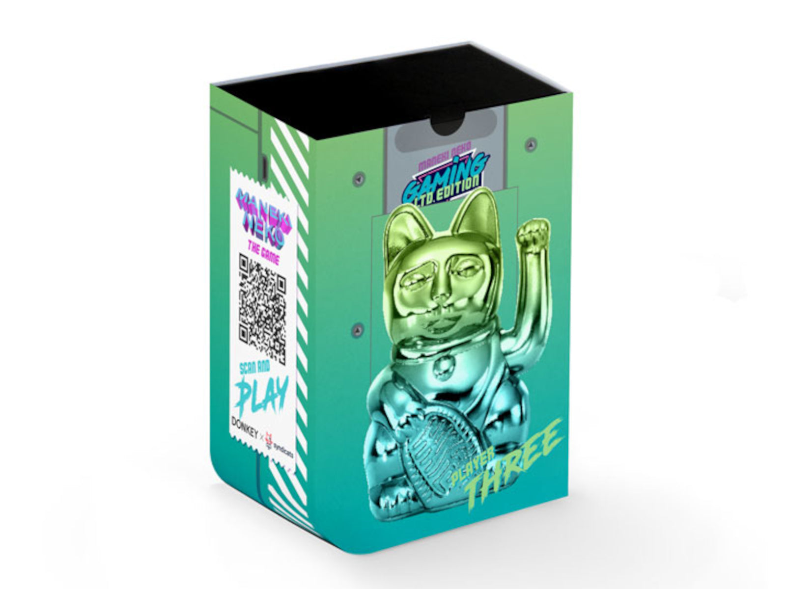 Donkey Products Lucky Cat Player Three Winkekatze shiny green/blue 15cm Freisteller 2