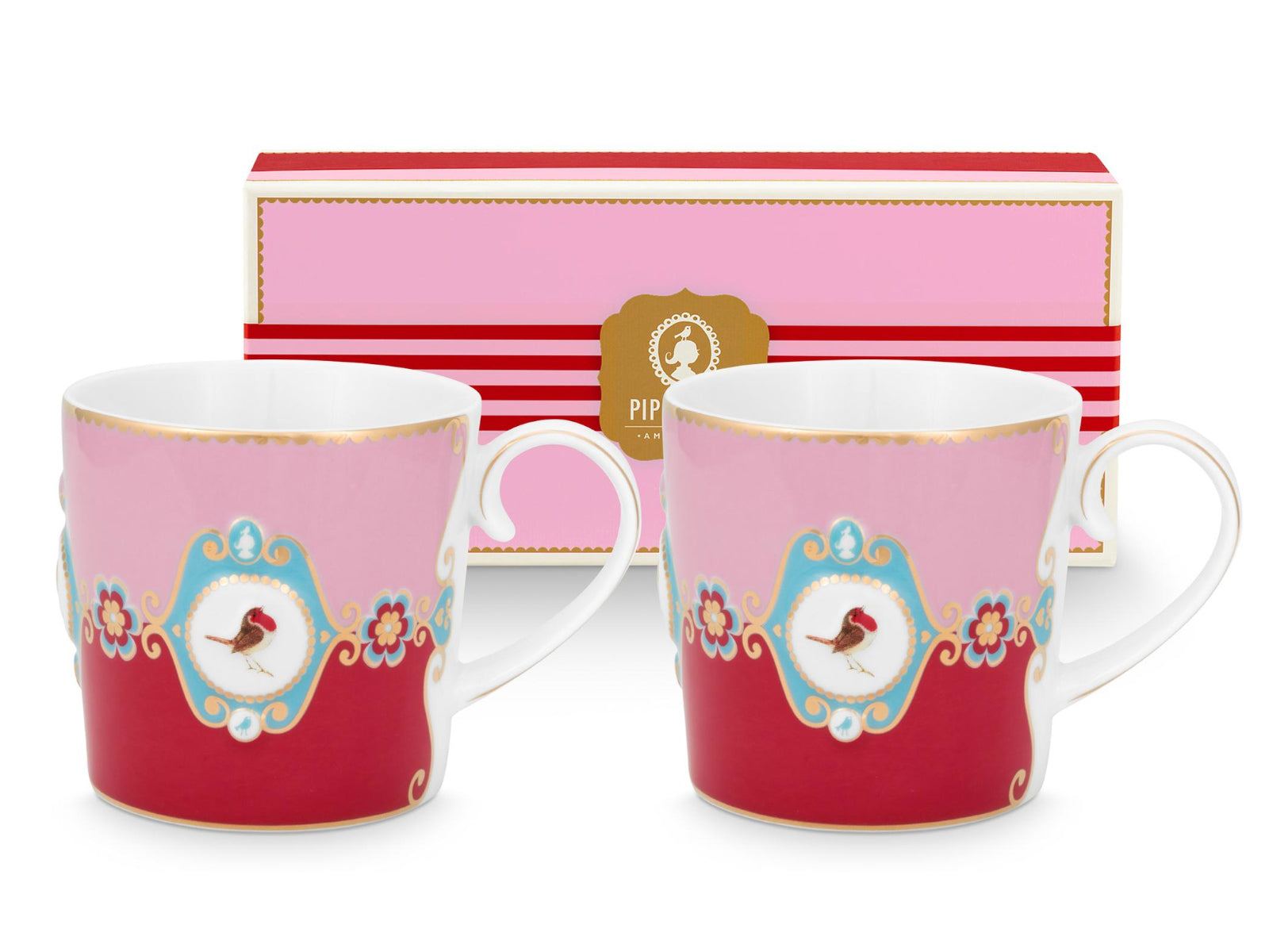 PIP STUDIO Love Birds Medallion Red-Pink Henkelbecher Small 0,15l Set2 Freisteller1