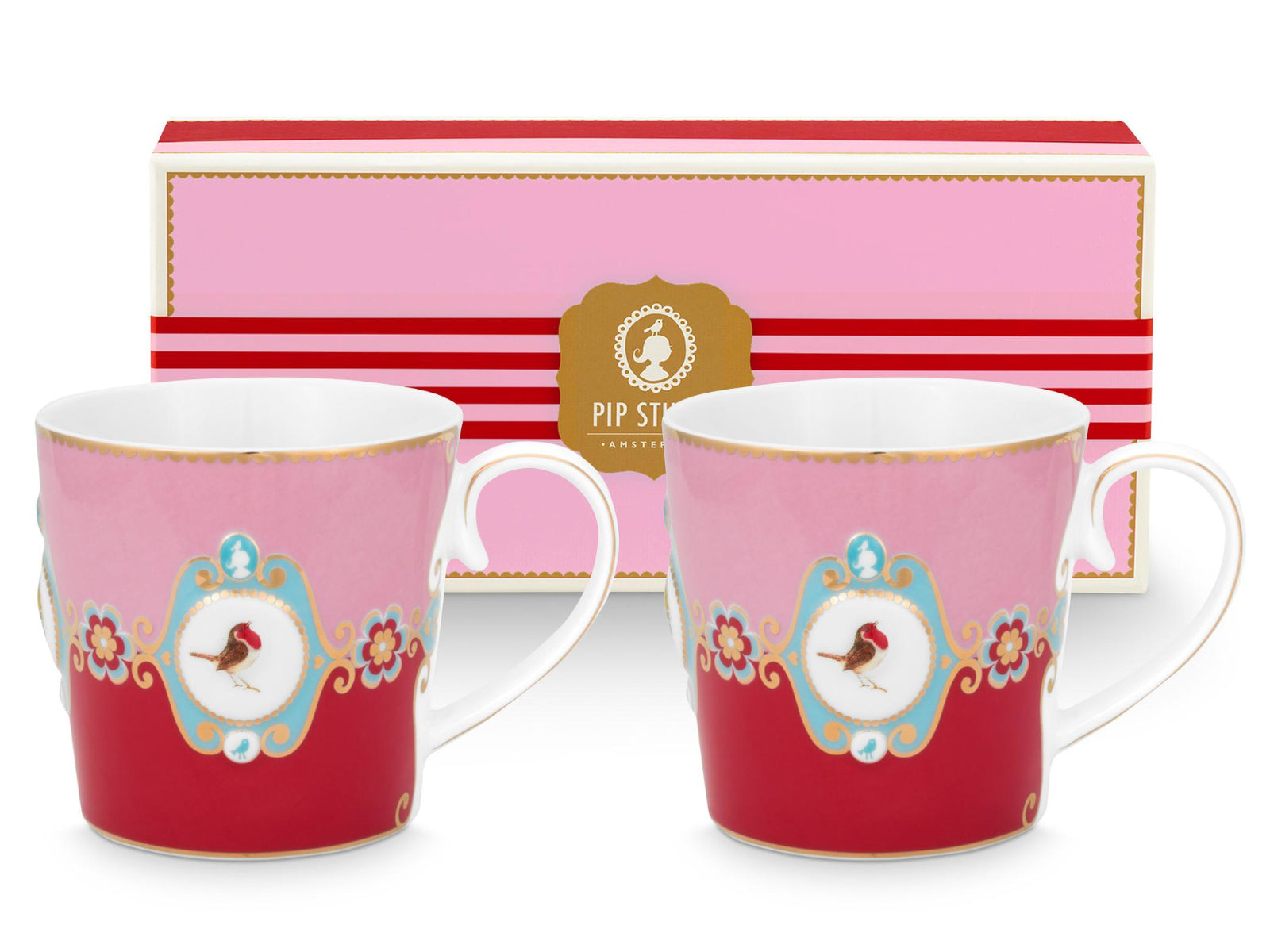 PIP STUDIO Love Birds Medallion Red-Pink Henkelbecher Large 0,25l Set2 Freisteller1