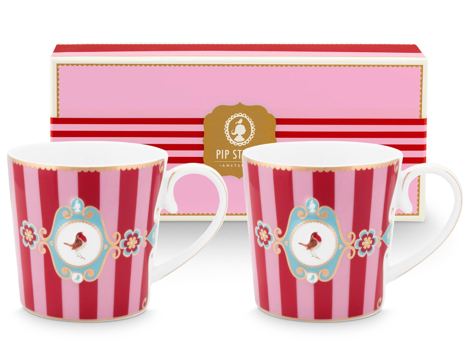 PIP STUDIO Love Birds Medallion Stripes Red-Pink Henkelbecher Large 0,25l Set2 Freisteller1