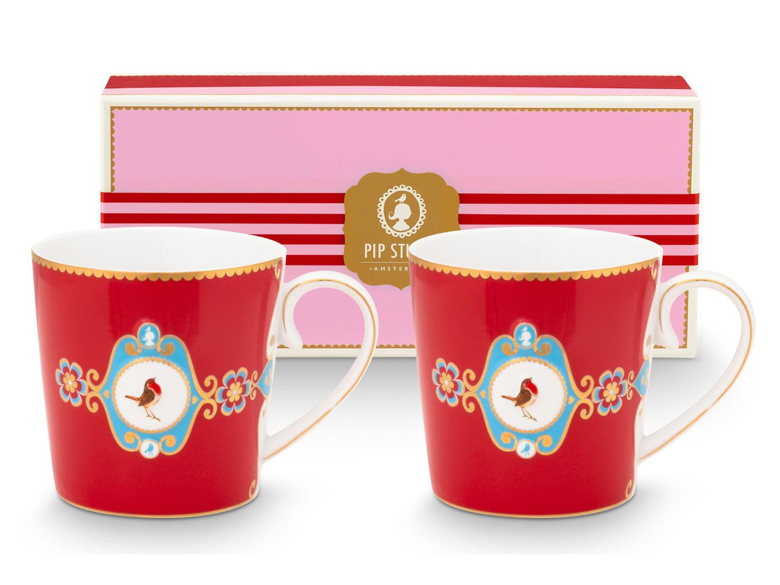 PIP STUDIO Love Birds Medallion Red Henkelbecher Large 0,25l Set2 Freisteller1