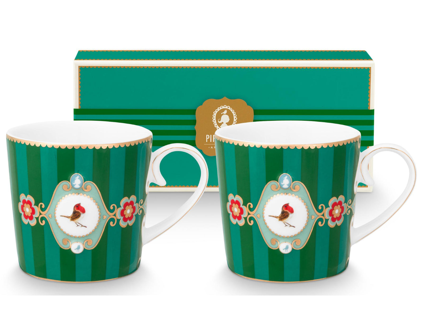 PIP STUDIO Love Birds Medallion Stripes Emerald-Green Henkelbecher Small 0,15l Set2 Freisteller1
