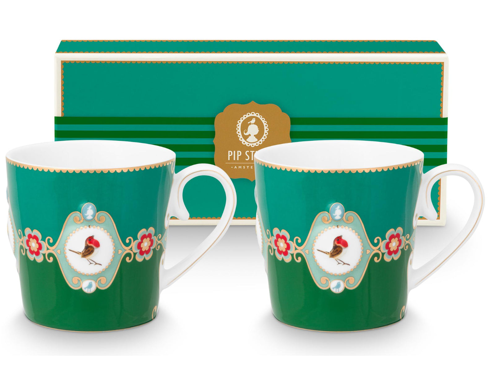PIP STUDIO Love Birds Medallion Emerald-Green Henkelbecher Large 0,25l Set2 Freisteller1