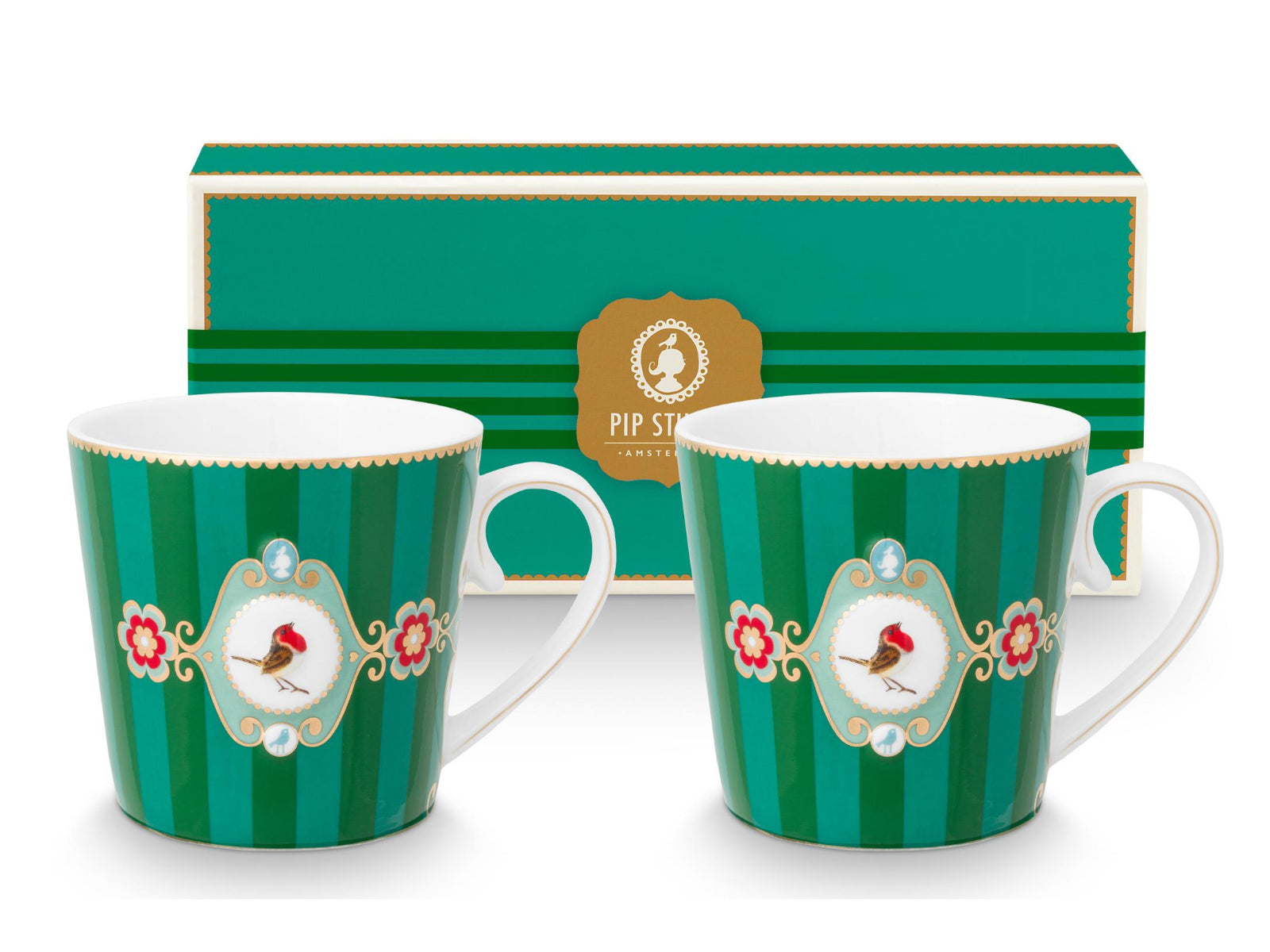 PIP STUDIO Love Birds Medallion Stripes Emerald-Green Henkelbecher Large 0,25l Set2 Freisteller1