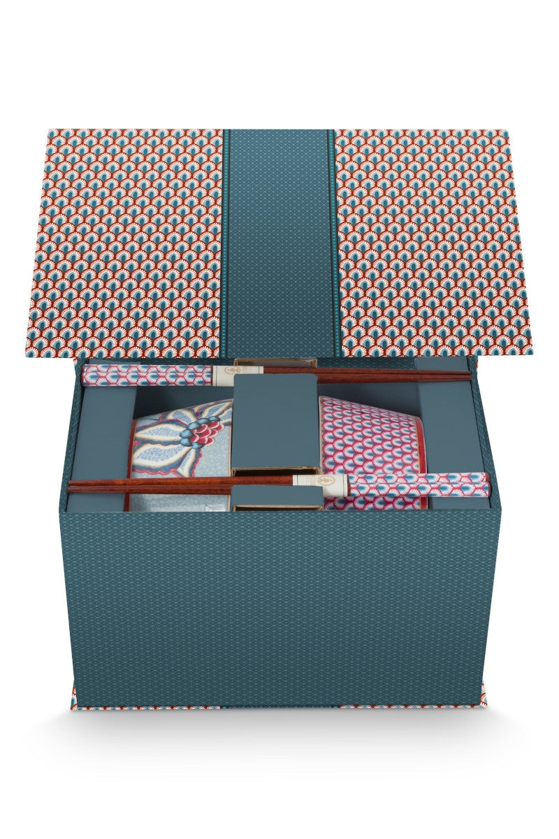 PIP STUDIO Flower Festival Oriental Geschenkset Schalen und Essstäbchen blau 15cm Freisteller