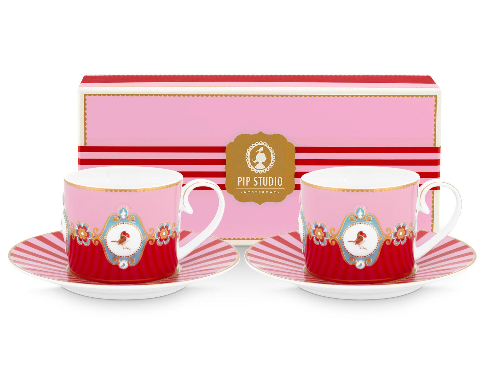 PIP STUDIO Love Birds Medallion Red-Pink Tasse mit Untertasse 0,15l Set2 Freisteller1