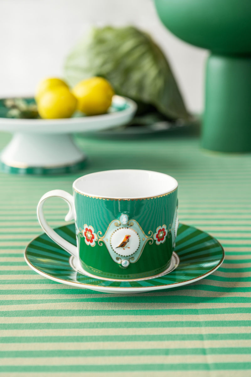 PIP STUDIO Love Birds Medallion Emerald-Green Tasse mit Untertasse 0,2l Set2 Lifestyle1