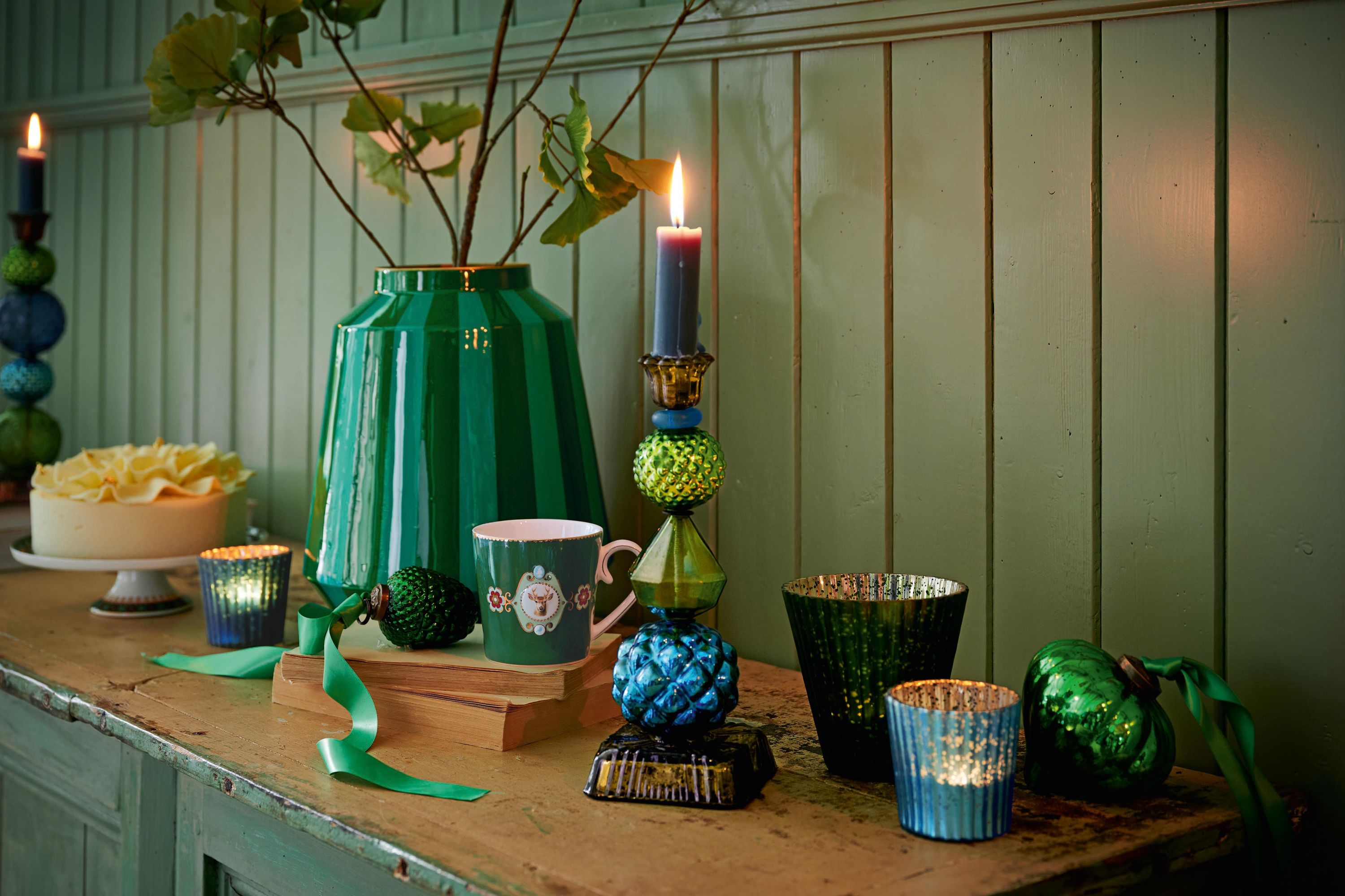 PIP STUDIO Love Birds Kerzenhalter blau/grün 30cm Lifestyle 1