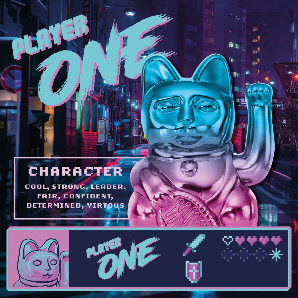 Donkey Products Lucky Cat Player One Winkekatze shiny blue/pink 15cm Lifestyle 4