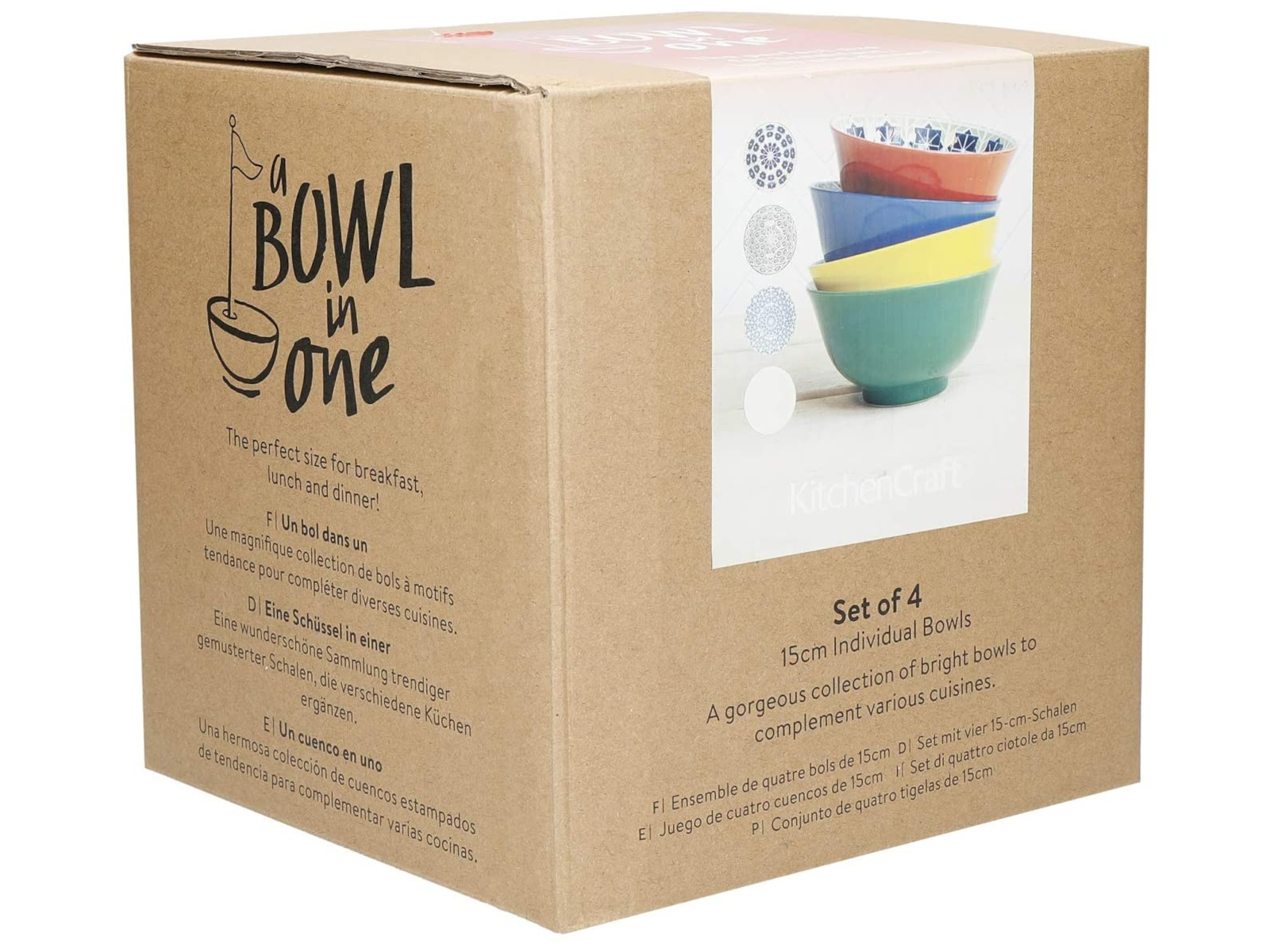 KitchenCraft Bowl Colourful Pattern 15 cm Set4