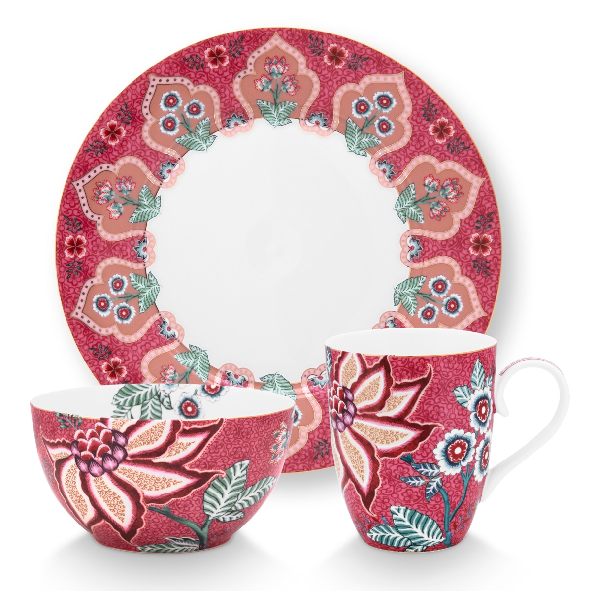 PIP STUDIO Flower Festival Frühstücksset dark pink Set3