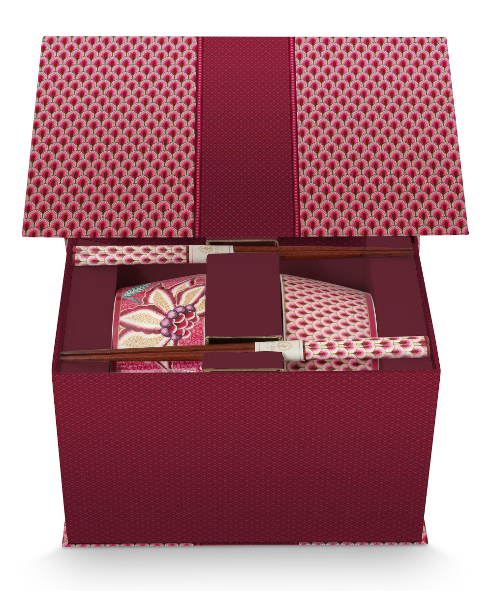 PIP STUDIO Flower Festival Oriental Geschenkset Schalen und Essstäbchen dark pink 15cm